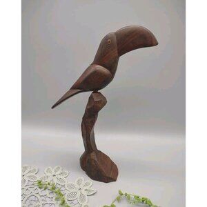 Vintage 12" Toucan Carved Wood Folk Art Sculpture, Two Pieces, MCM Bird Parrot
